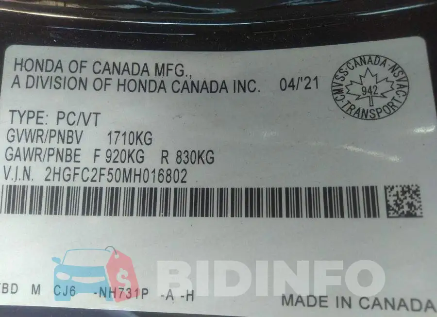 2HGFC2F50MH016802 Photo# 9
