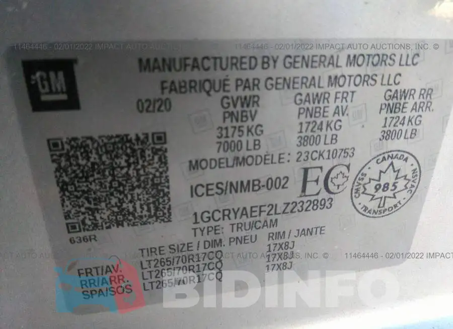 1GCRYAEF2LZ232893 Photo# 9