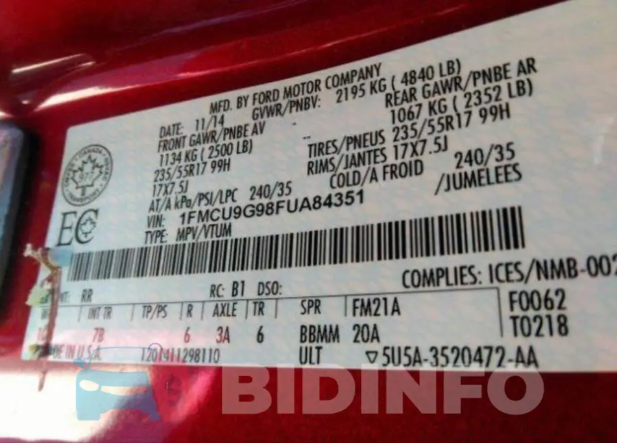 1FMCU9G98FUA84351 Photo# 10