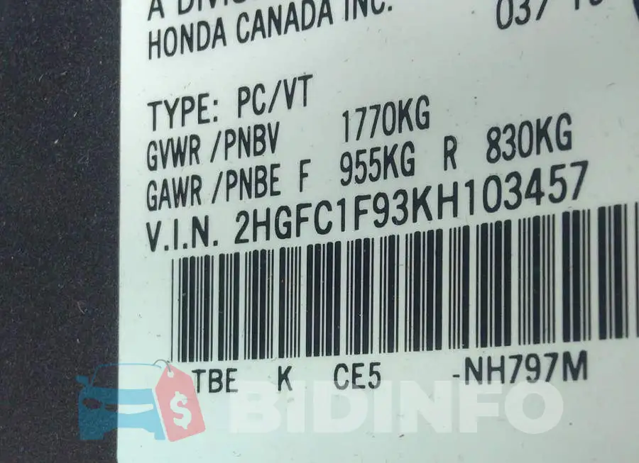 2HGFC1F93KH103457 Photo# 9
