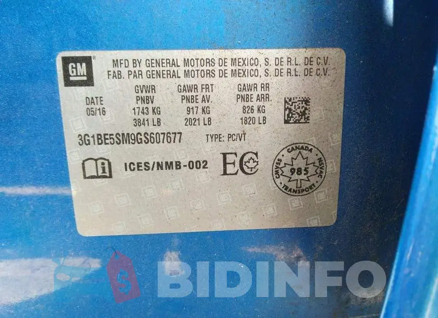 3G1BE5SM9GS607677 Photo# 9