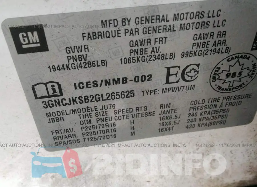 3GNCJKSB2GL265625 Photo# 9