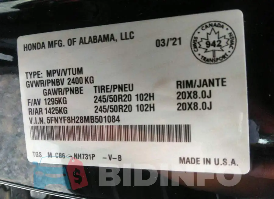 5FNYF8H28MB501084 Photo# 9
