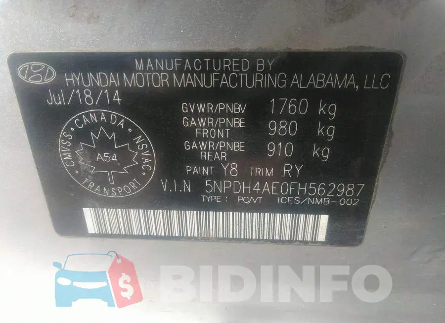 5NPDH4AE0FH562987 Photo# 9