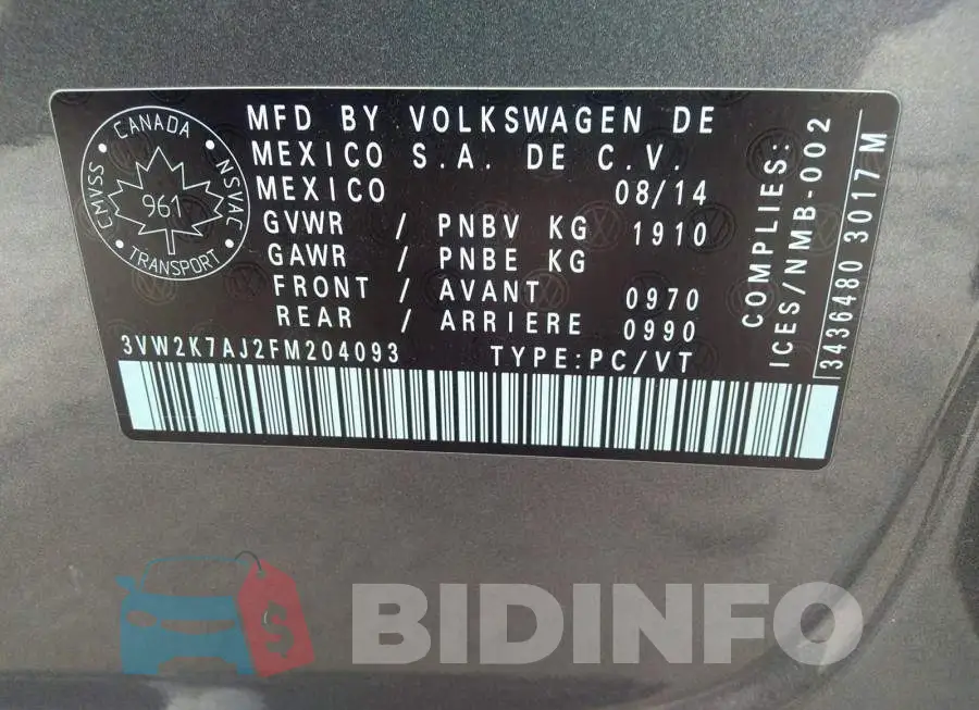 3VW2K7AJ2FM204093 Photo# 9