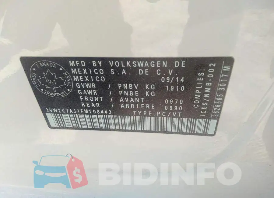 3VW2K7AJ1FM208443 Photo# 9