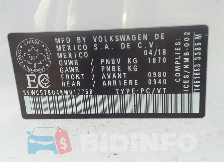 3VWC57BU4KM017758 Photo# 9
