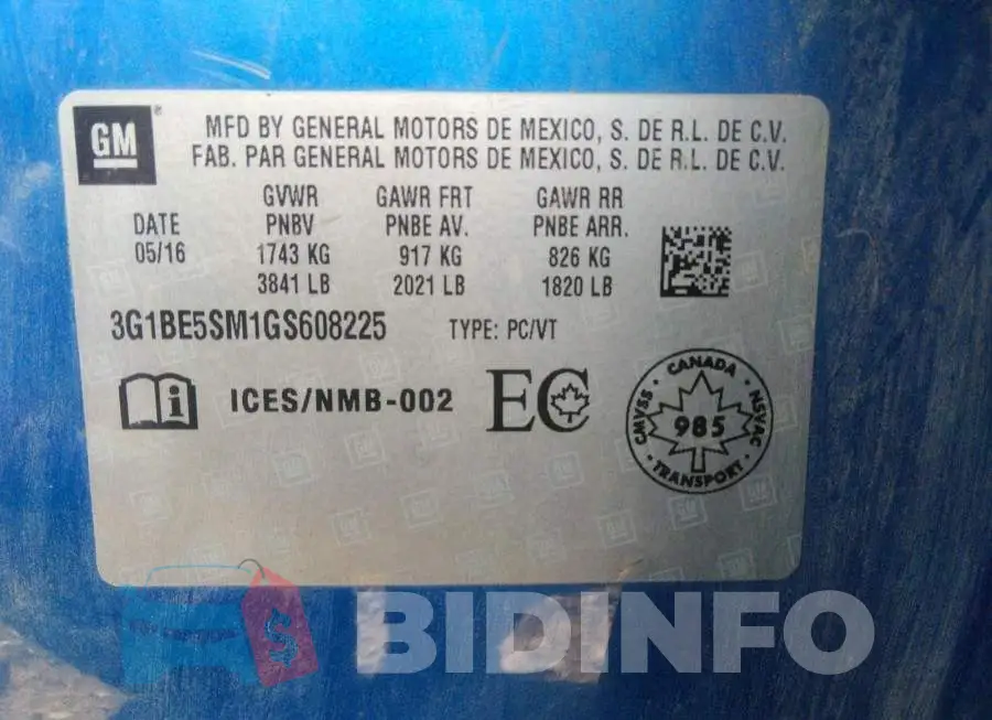 3G1BE5SM1GS608225 Photo# 9