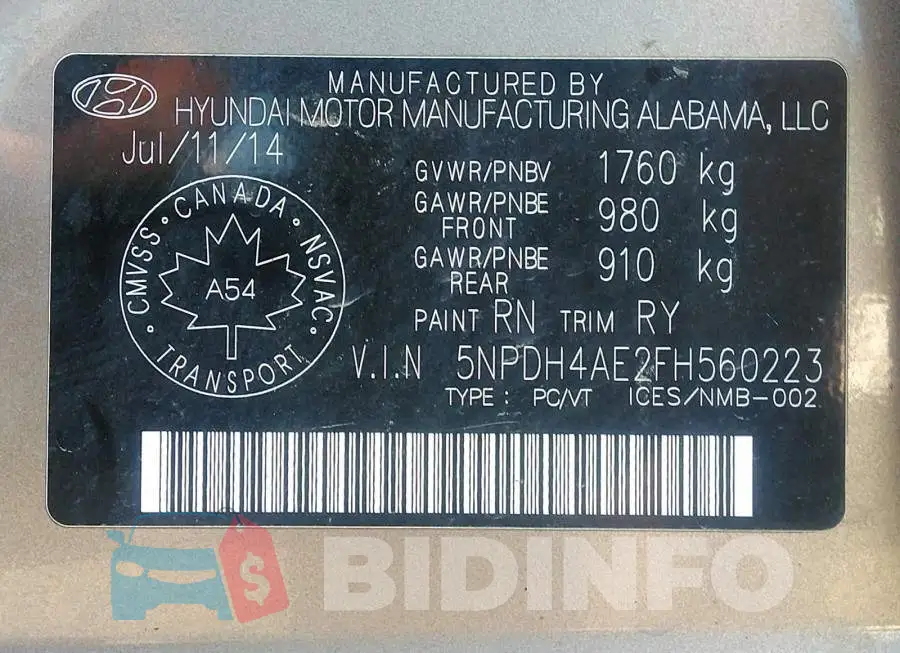 5NPDH4AE2FH560223 Photo# 9