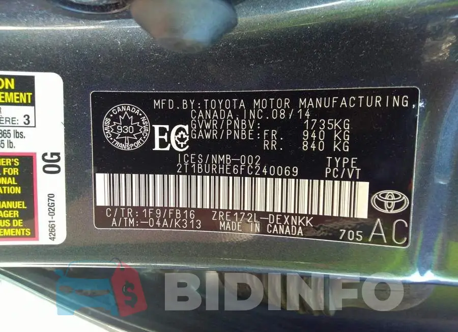 2T1BURHE6FC240069 Photo# 9