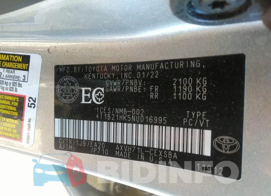 4T1B21HK5NU016995 Photo# 9