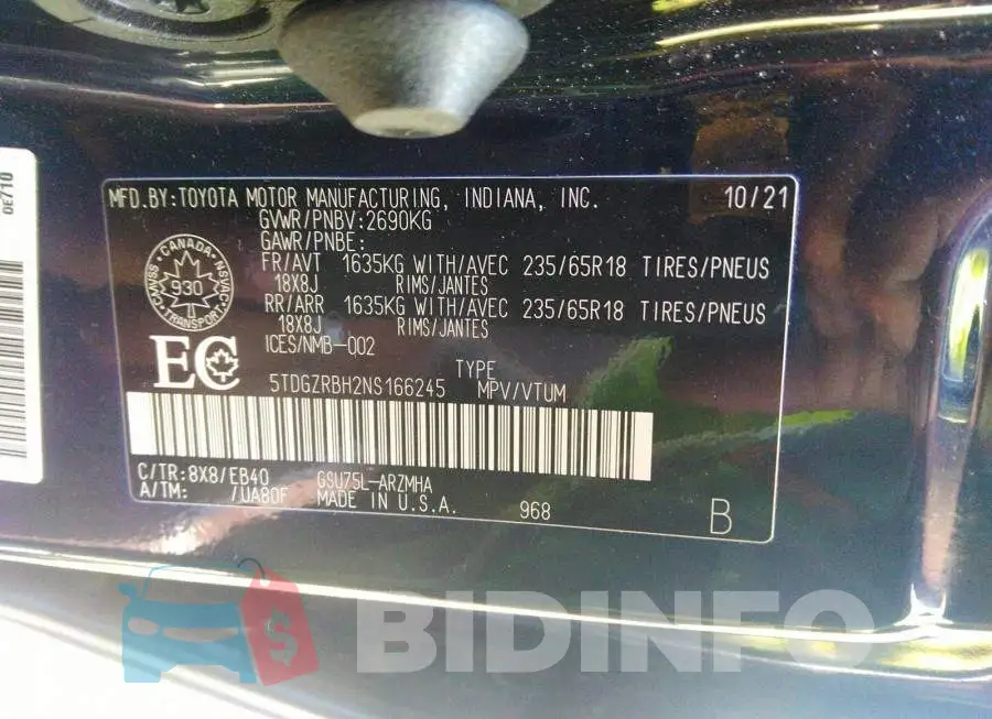 5TDGZRBH2NS166245 Photo# 9