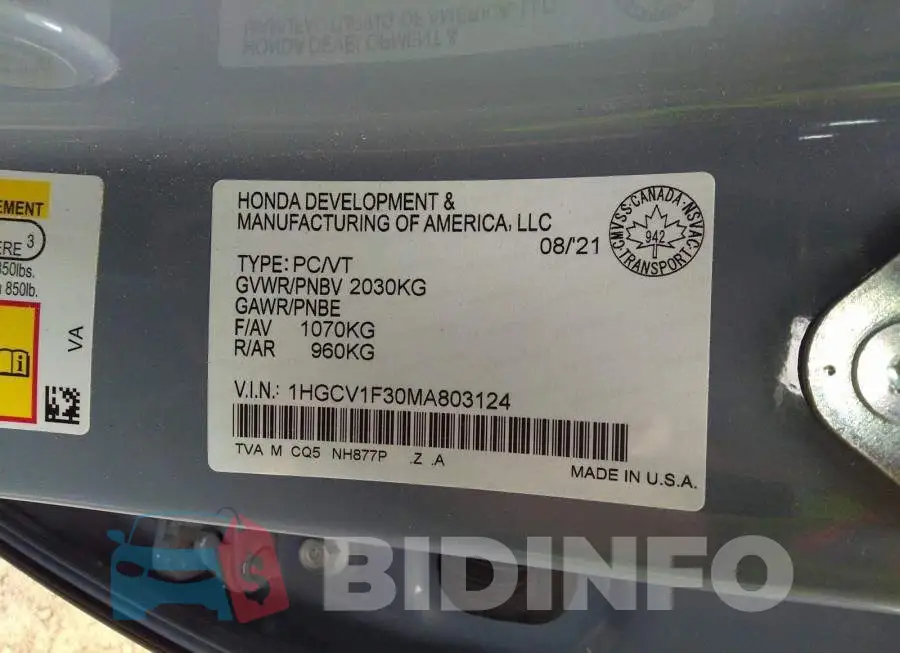 1HGCV1F30MA803124 Photo# 9