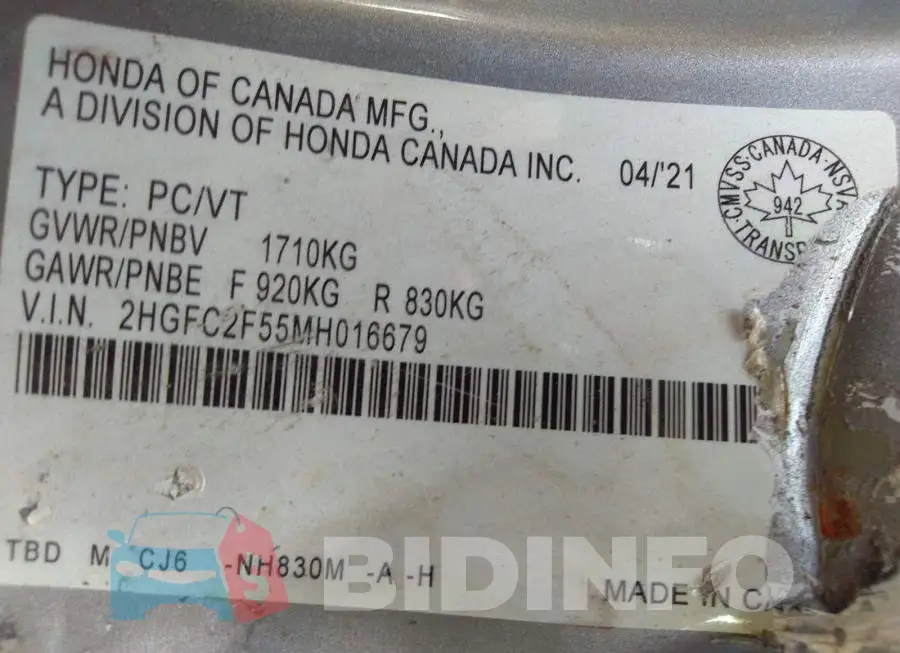 2HGFC2F55MH016679 Photo# 9