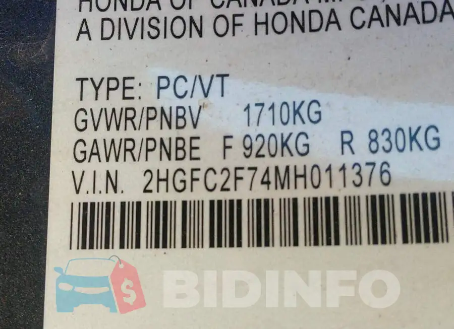 2HGFC2F74MH011376 Photo# 9