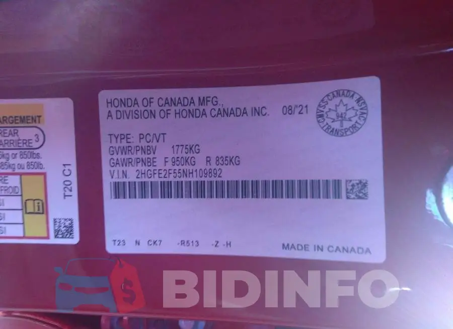 2HGFE2F55NH109892 Photo# 9