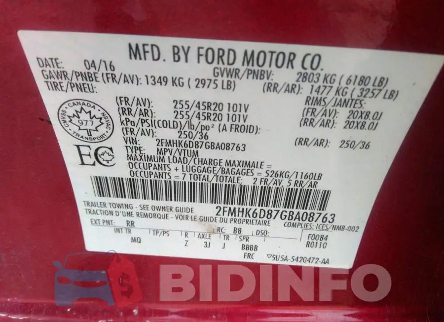 2FMHK6D87GBA08763 Photo# 9