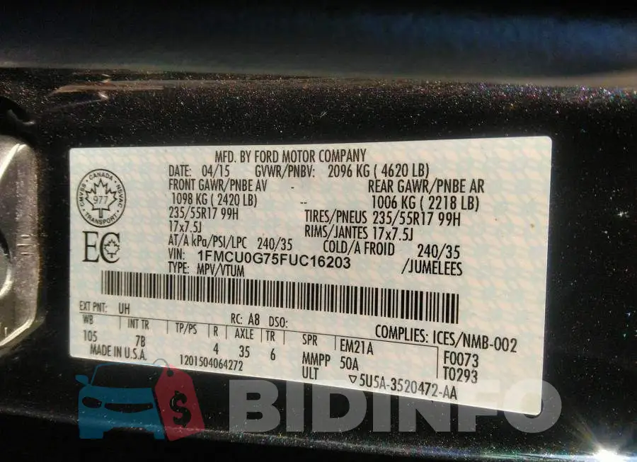 1FMCU0G75FUC16203 Photo# 9