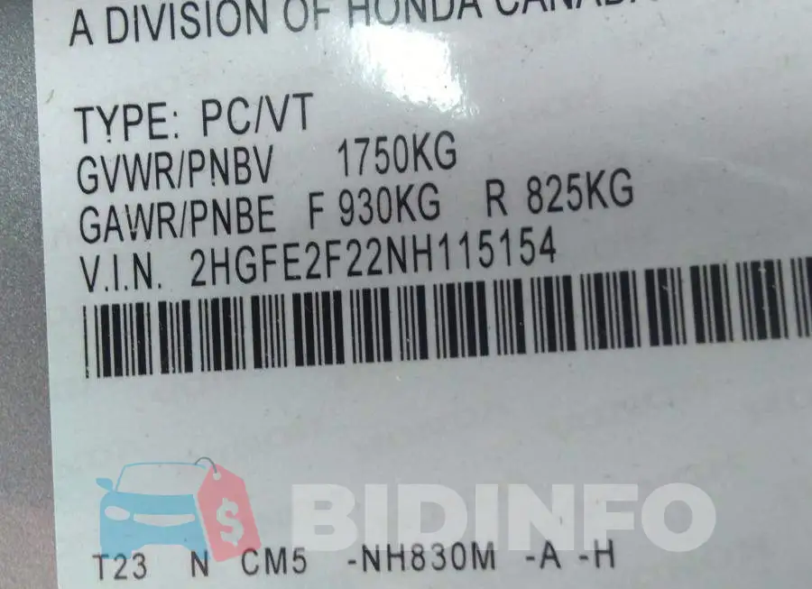 2HGFE2F22NH115154 Photo# 9