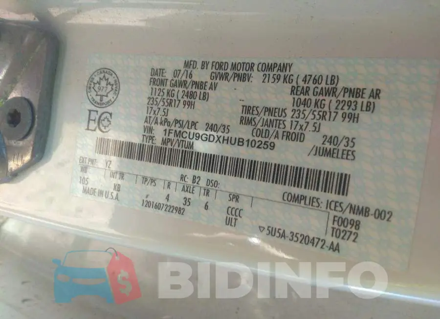 1FMCU9GDXHUB10259 Photo# 9