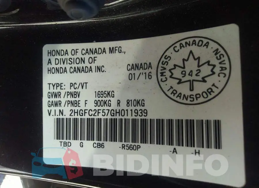 2HGFC2F57GH011939 Photo# 9