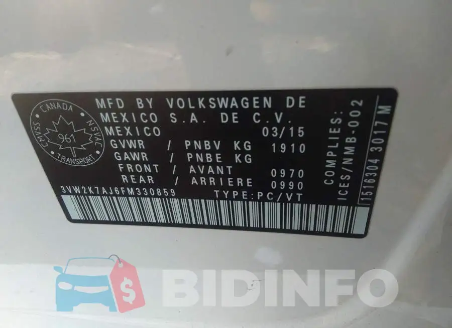 3VW2K7AJ6FM330859 Photo# 9
