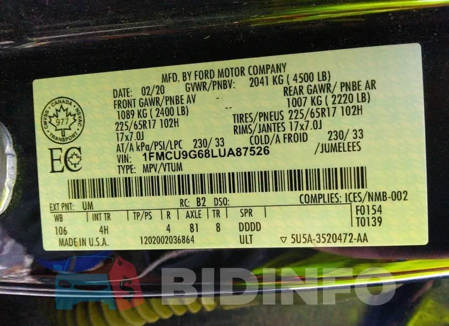 1FMCU9G68LUA87526 Photo# 9