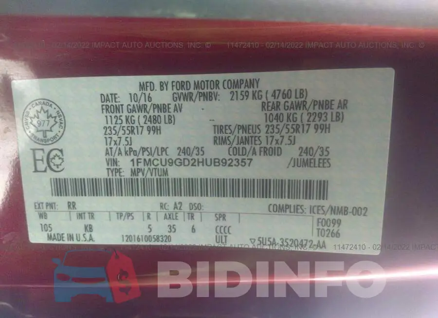 1FMCU9GD2HUB92357 Photo# 9
