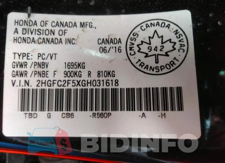 2HGFC2F5XGH031618 Photo# 9