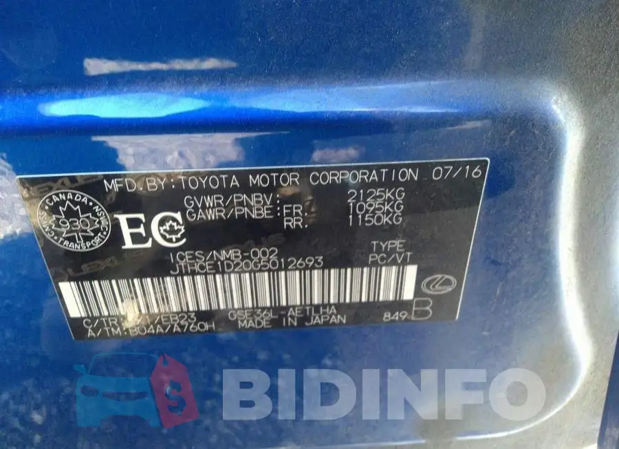 JTHCE1D20G5012693 Photo# 9