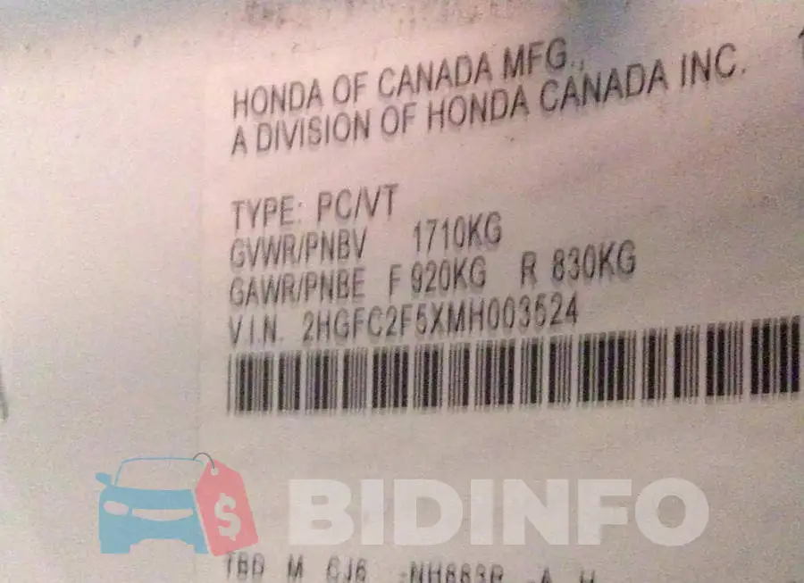 2HGFC2F5XMH003524 Photo# 9