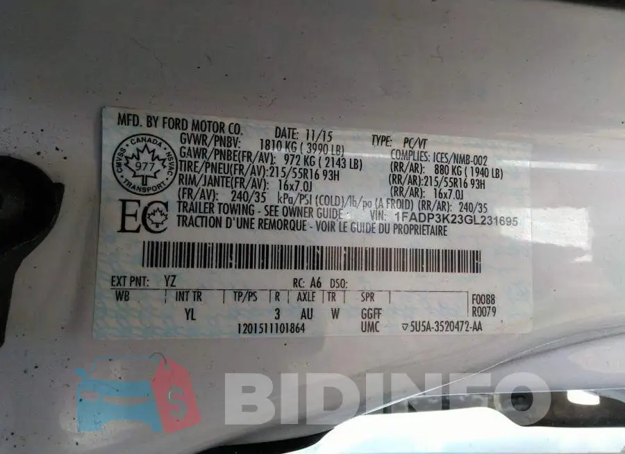 1FADP3K23GL231695 Photo# 9