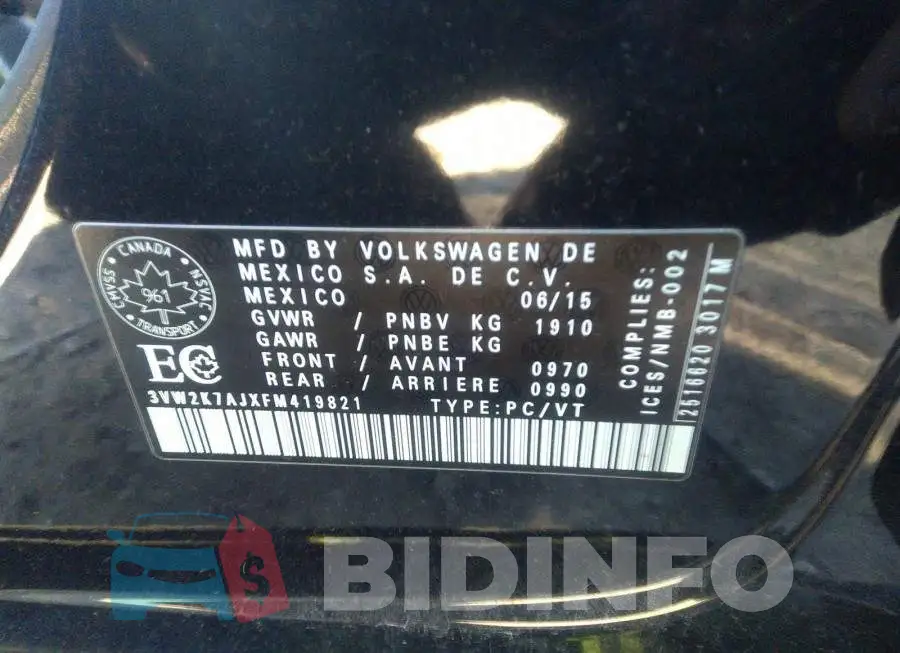 3VW2K7AJXFM419821 Photo# 9
