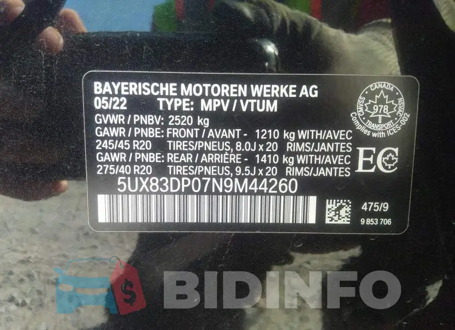5UX83DP07N9M44260 Photo# 9