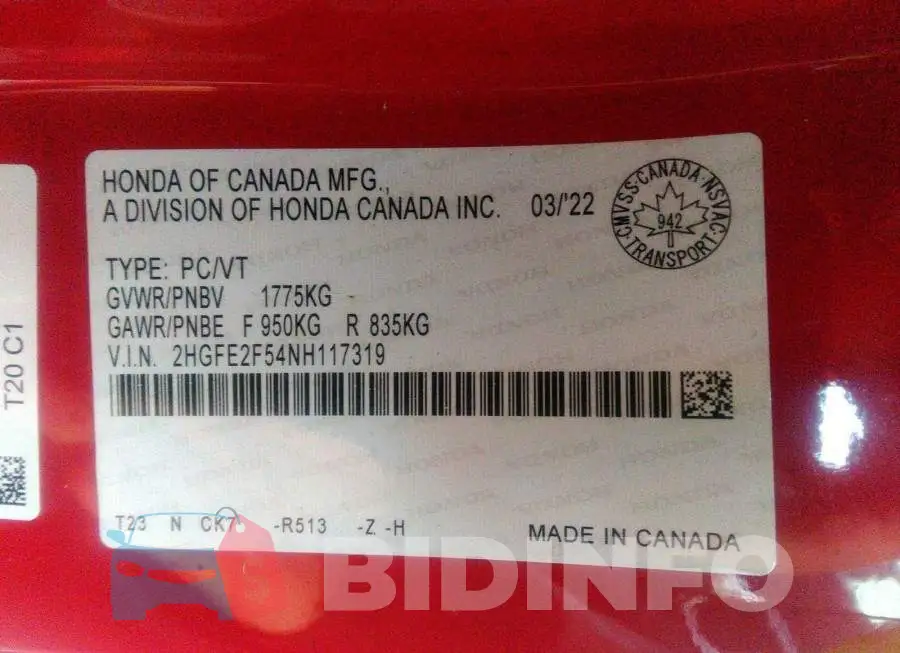 2HGFE2F54NH117319 Photo# 9