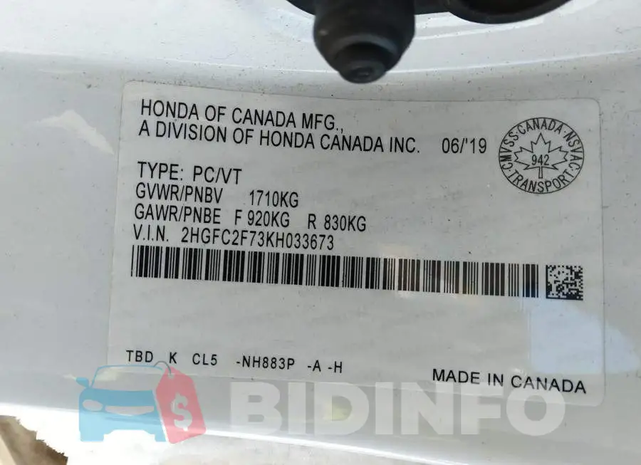 2HGFC2F73KH033673 Photo# 9