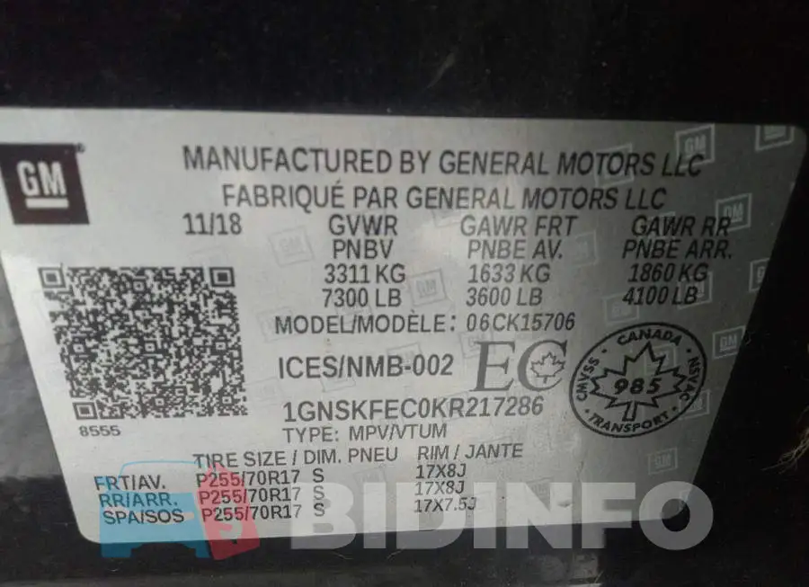 1GNSKFEC0KR217286 Photo# 9
