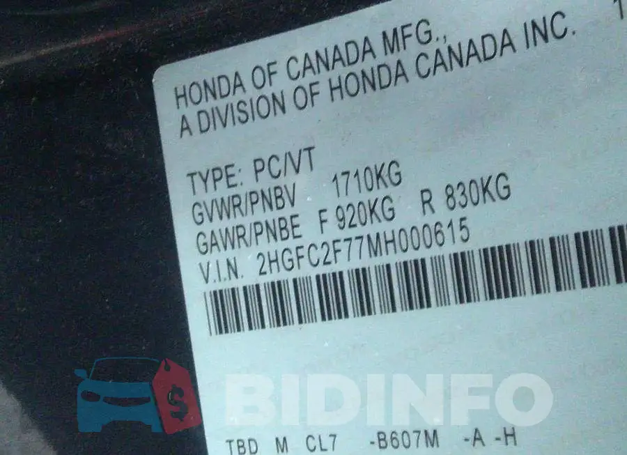 2HGFC2F77MH000615 Photo# 9