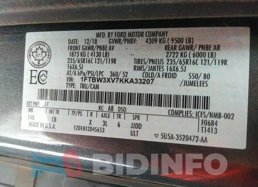 1FTBW3XV7KKA33207 Photo# 9
