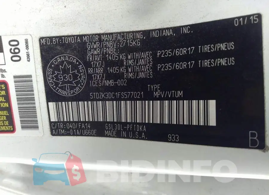 5TDZK3DC1FS577021 Photo# 9