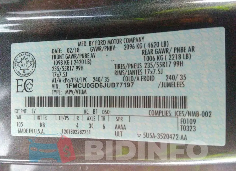 1FMCU0GD6JUB77197 Photo# 9
