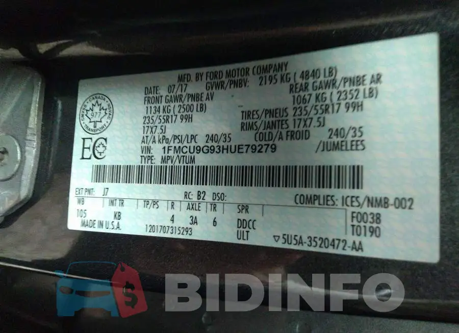 1FMCU9G93HUE79279 Photo# 9