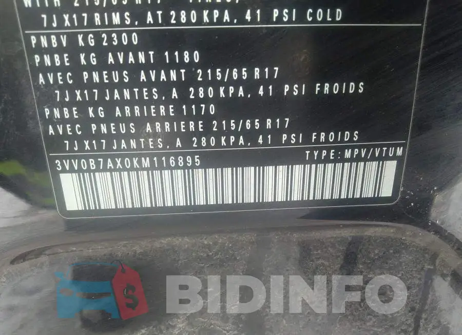 3VV0B7AX0KM116895 Photo# 9