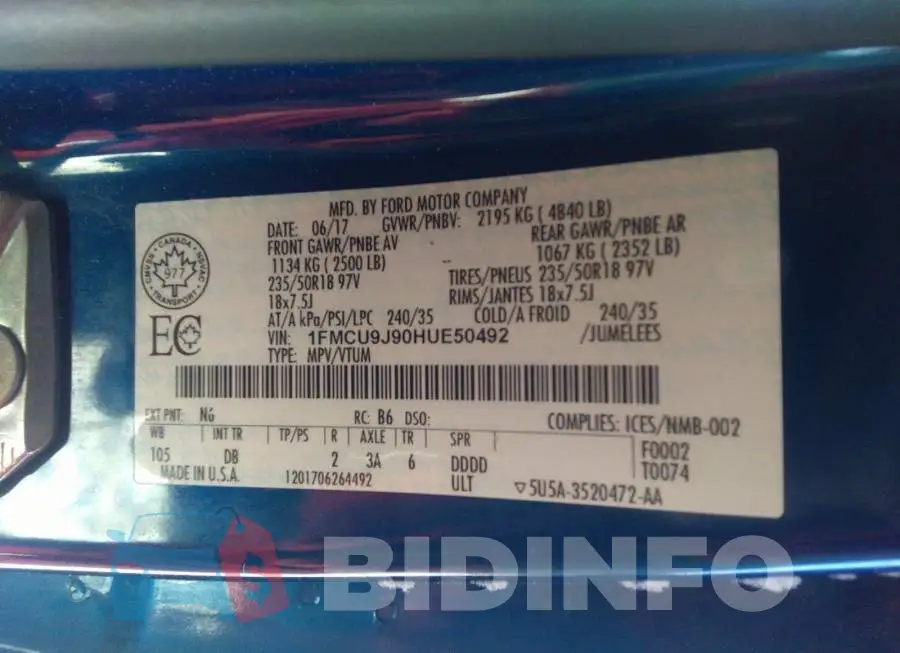 1FMCU9J90HUE50492 Photo# 9
