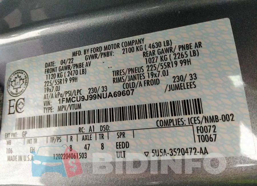 1FMCU9J99NUA69607 Photo# 9