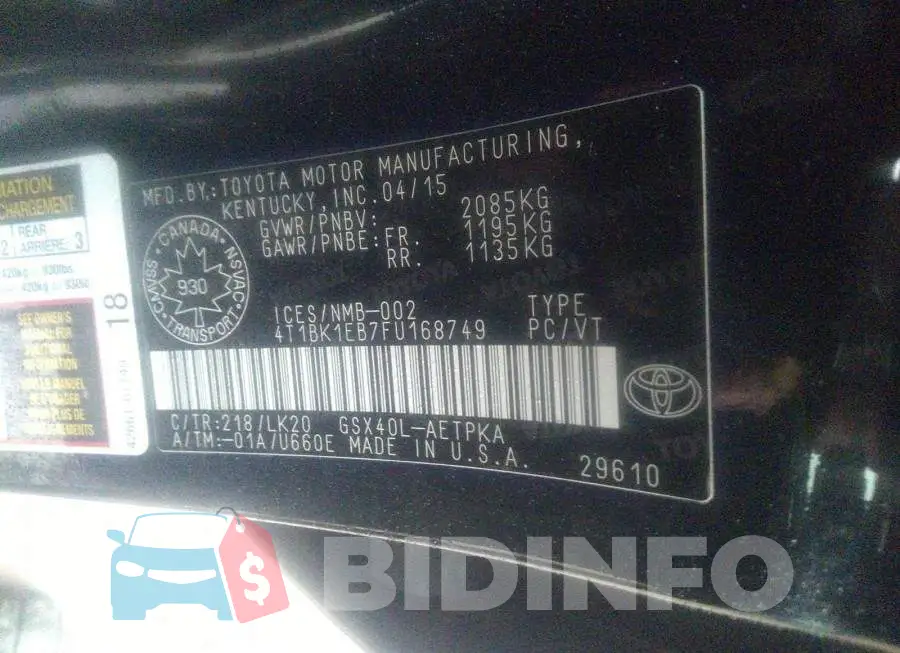 4T1BK1EB7FU168749 Photo# 9