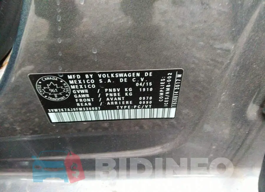 3VW2K7AJ9FM336087 Photo# 9