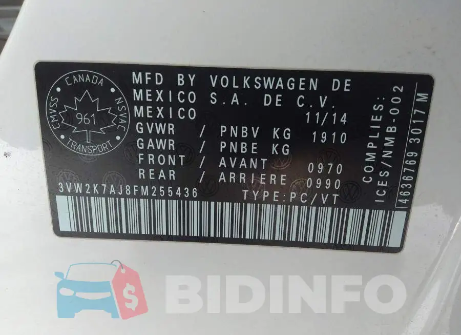 3VW2K7AJ8FM255436 Photo# 9