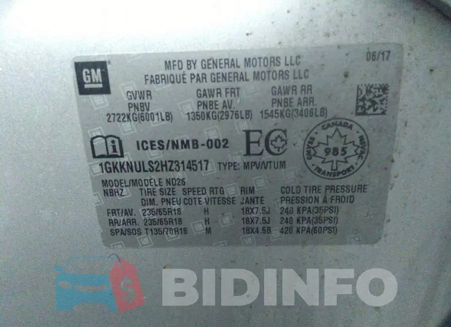 1GKKNULS2HZ314517 Photo# 9