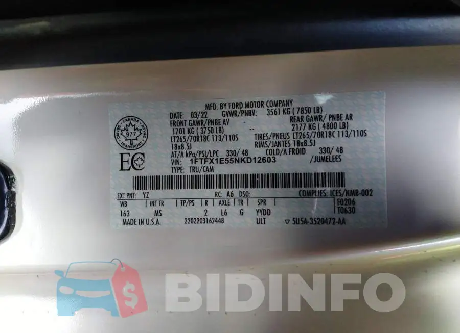 1FTFX1E55NKD12603 Photo# 9
